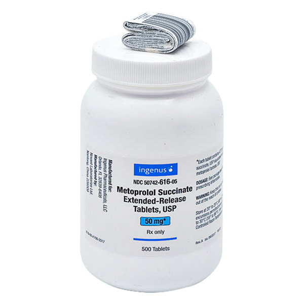 Metoprolol Succinate 50 mg Extended-Release Tablets Bottle 500 Tablets, USP Compare to Toprol XL® by Ingenus Pharmacal  ID 50742-0616-05